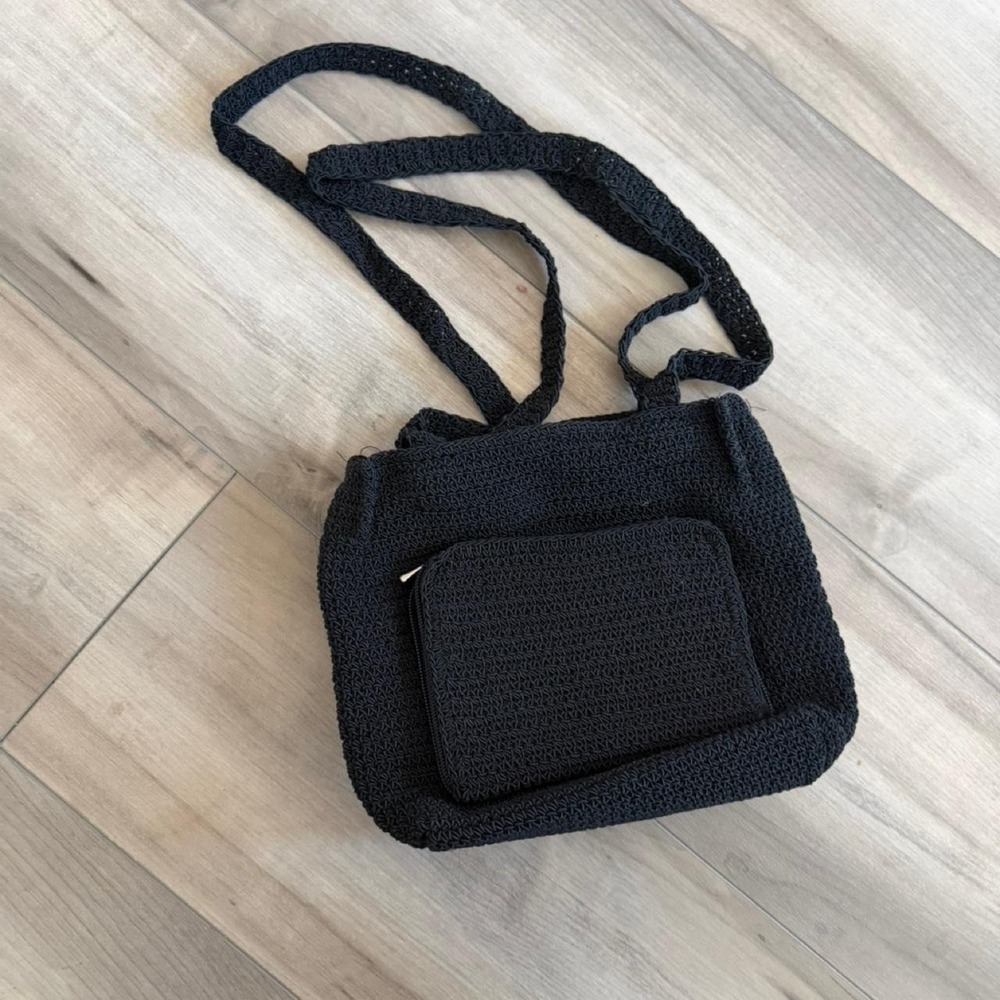 Black crochet crossbody bag with textured weave built in wallet summer purse
